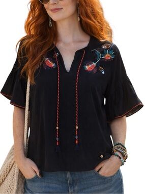 Tom Tailor Denim Black Embroidered V‑Neck Tassel Tie Ruffle Sleeve Top Small